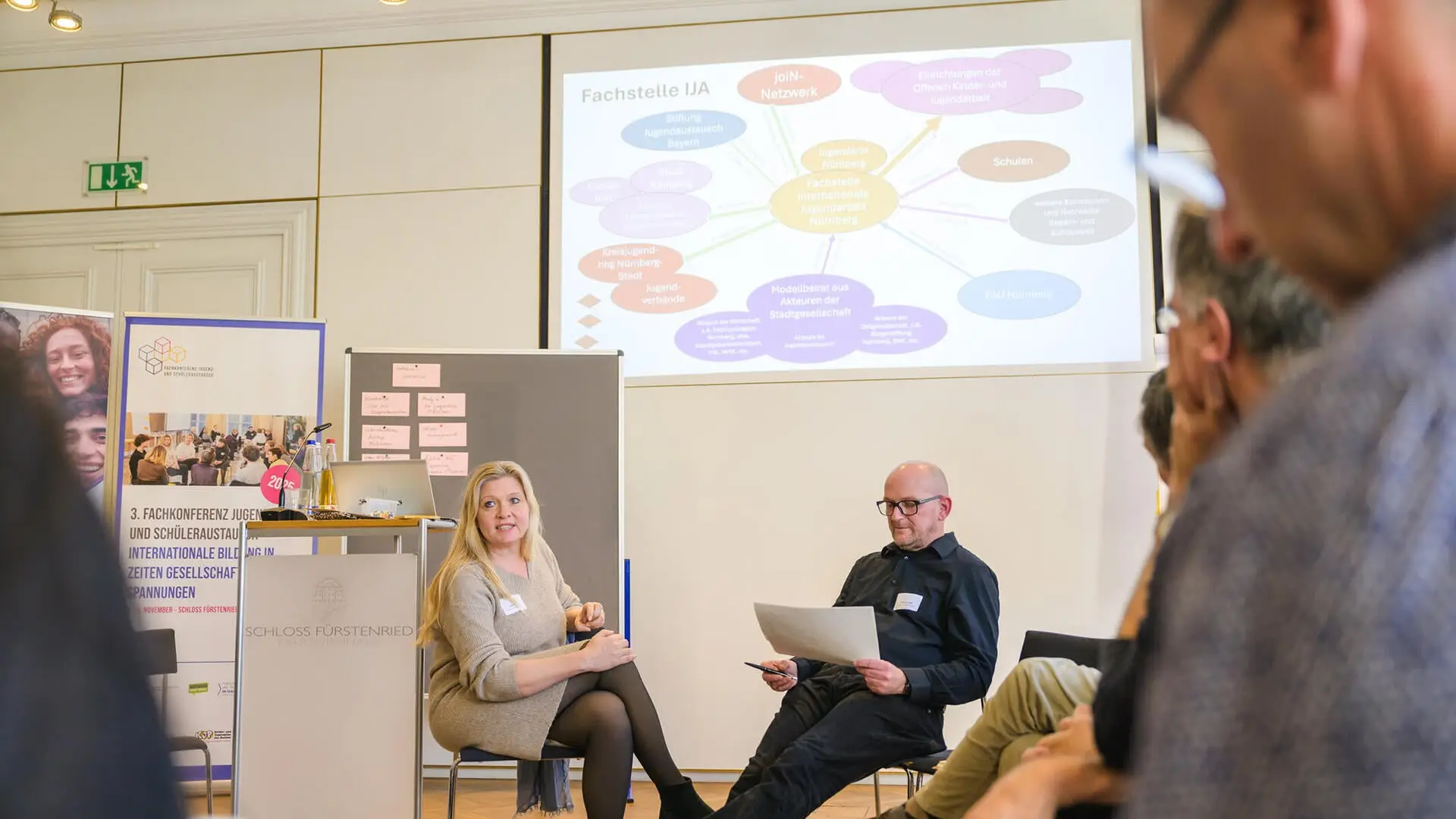 Judith Fesser (Stiftung Jugendaustausch Bayern) und Jürgen Reuther (Jugendamt Nürnberg) im Workshop „Jugendarbeit unter Druck – strategische Kooperationen als Antwort?“