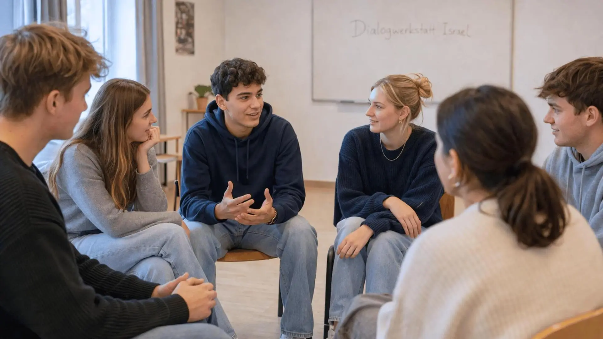 Jugendliche sitzen in einem Stuhlkreis in einem Klassenzimmer und diskutieren miteinander.